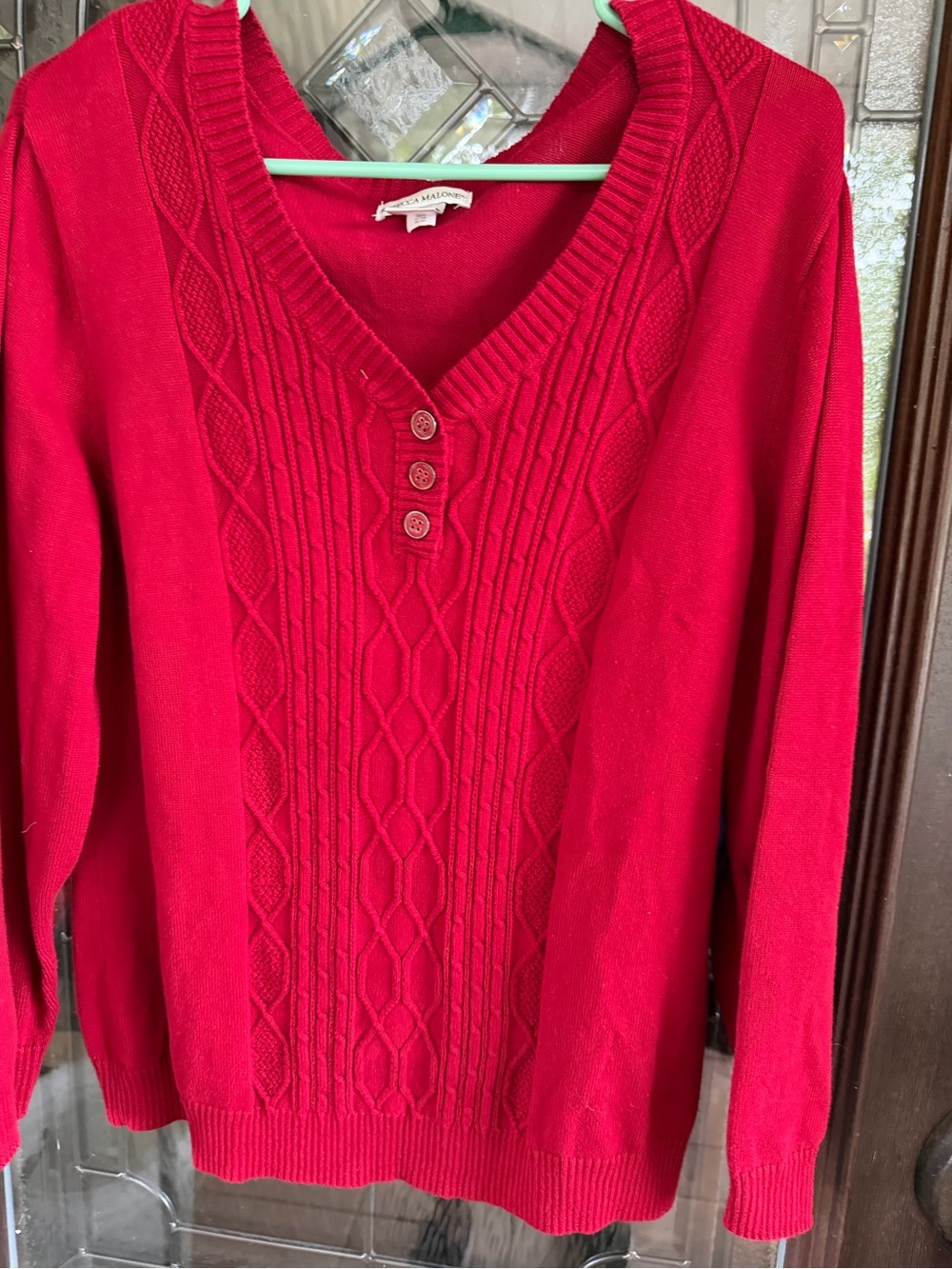 Rebecca Malone Bright Red Cable V-Neck Sweater with Button Placket